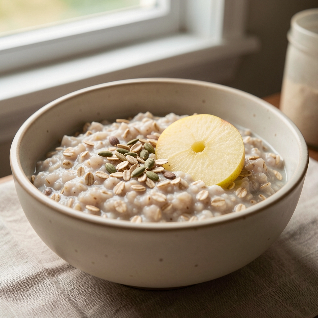 Close-up of steel-cut oat porridge in a ceramic bowl with seeds and half a grated apple, soft natural daylight from a window