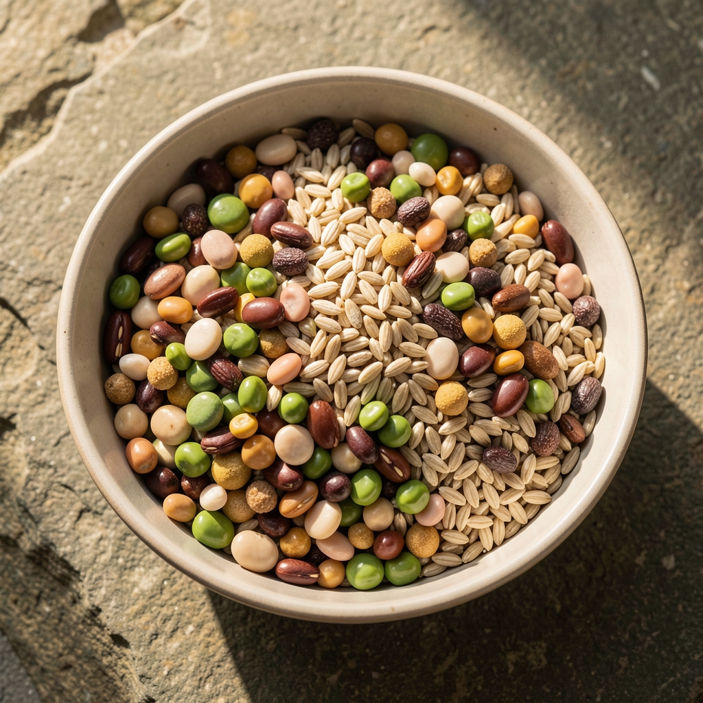 Bowl of mixed legumes and whole grains arranged in natural morning light on a stone surface, editorial overhead composition