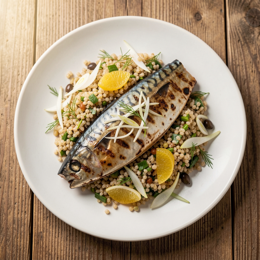Grilled mackerel fillet on a plate with farro grain salad, shaved fennel, and preserved lemon, natural light on a wooden table, editorial overhead composition