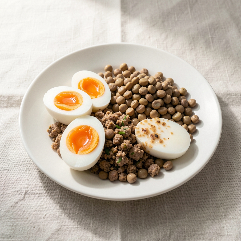 Plate of protein-rich foods including eggs and pulses on a pale linen surface, soft natural daylight editorial photograph