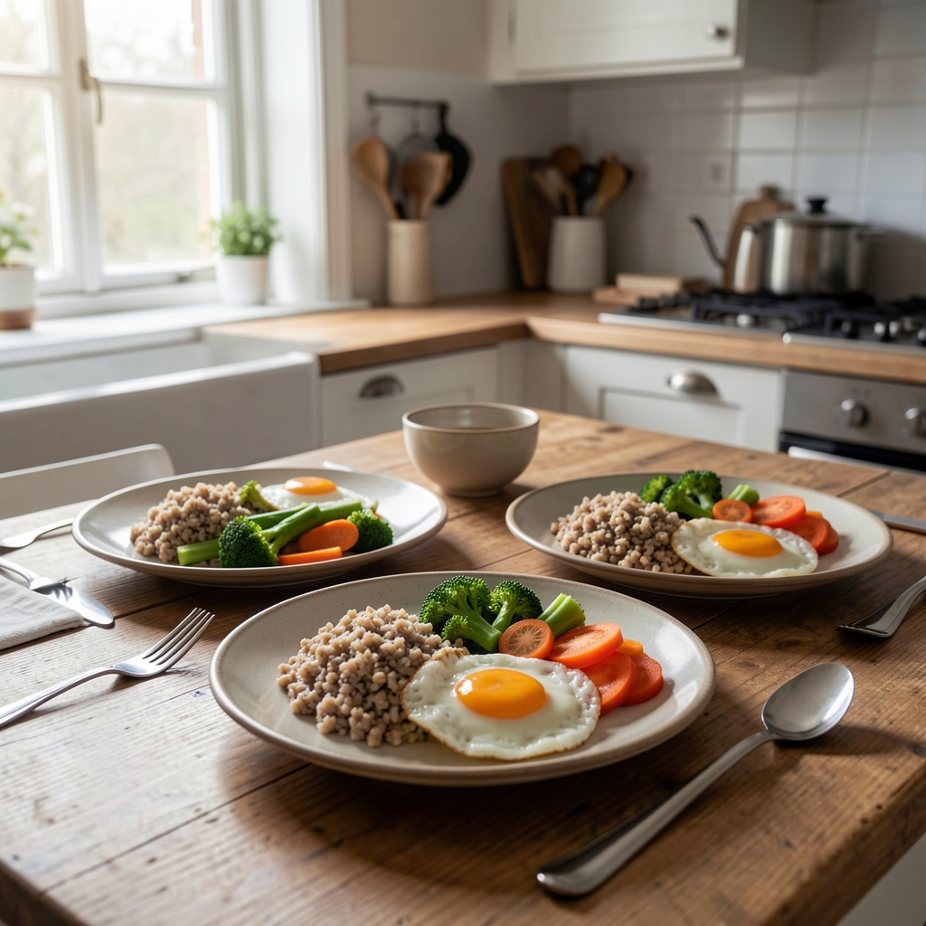 Kitchen table set with a balanced morning meal of whole grains, eggs, and vegetables on ceramic plates, early morning light from a window, editorial close-up