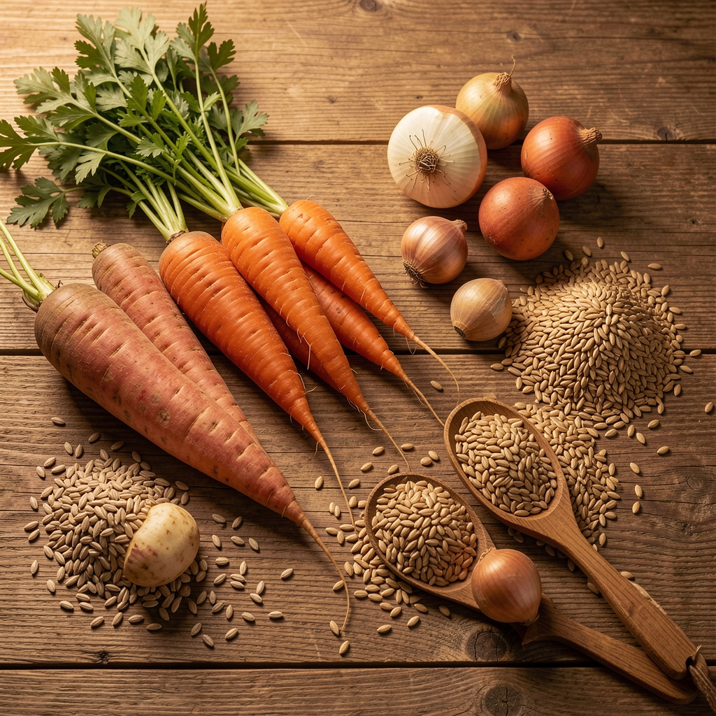 Seasonal root vegetables and whole grains laid out on a wooden counter under warm studio light, overhead editorial serving
